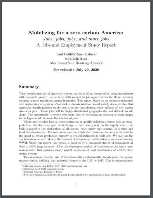  						Full Title: Mobilizing for a zero carbon America: A Jobs and Employment Study Report
 						Author(s): Saul Griffith, Sam Calisch, Alex Laskey